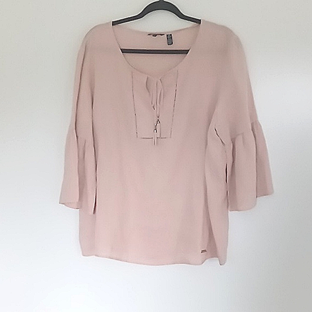 Ellen Tracy Blouse Size XL 100% Linen Light Pink/Peach Bell Sleeve Tassels Flowy
